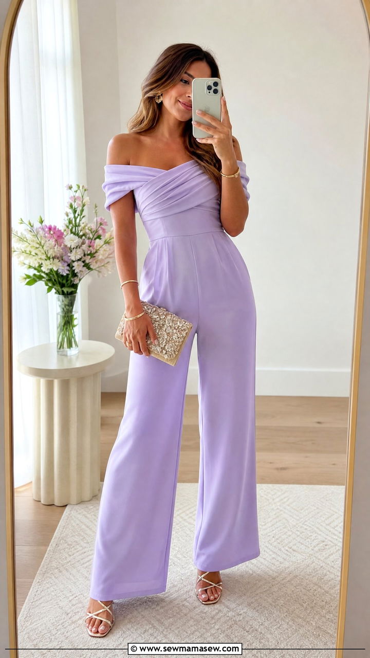 Off the Shoulder Jumpsuit With Clutch Bag - 25 Jumpsuit outfit ideas for summer