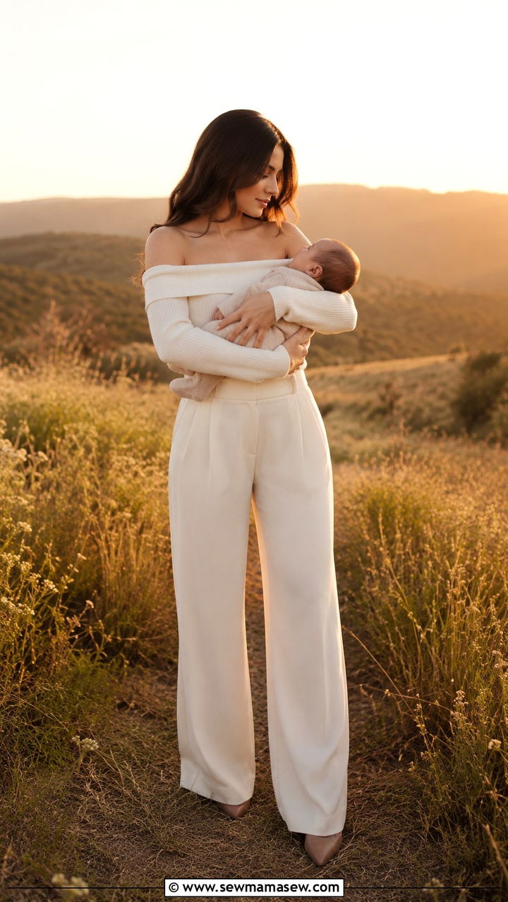 Off the Shoulder Knit Top and Wide Leg Trousers - 20 Postpartum outfit ideas for photos
