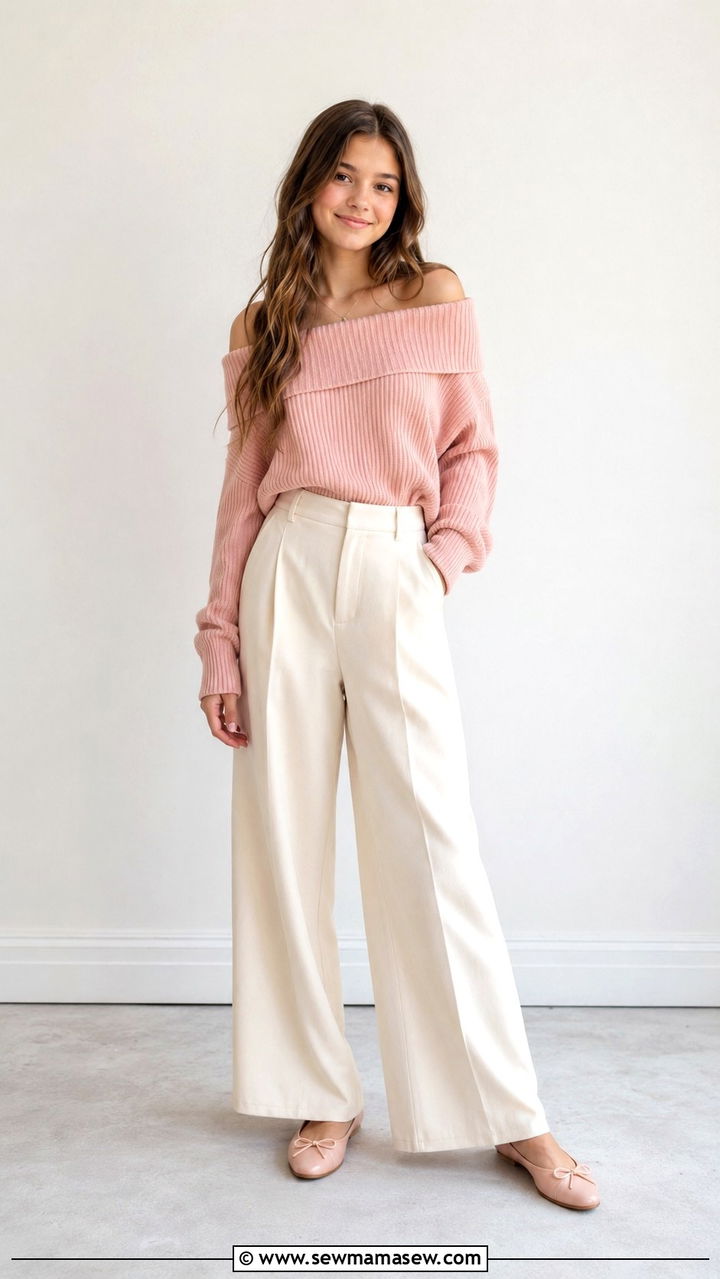 Off the Shoulder Knit with Wide Leg Trousers - 30 Spring outfits for middle school