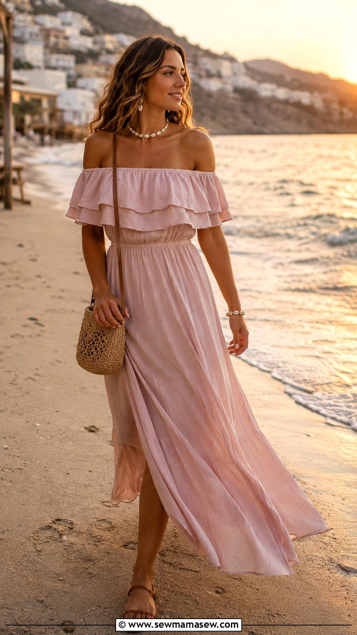 Off the Shoulder Maxi Dress with Flat Leather Sandals - 30 spring resort wear outfit ideas