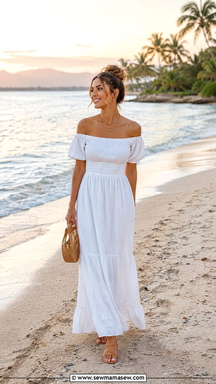 Off the Shoulder Maxi Dress with Strappy Sandals - 25 Vacation outfit ideas petite women