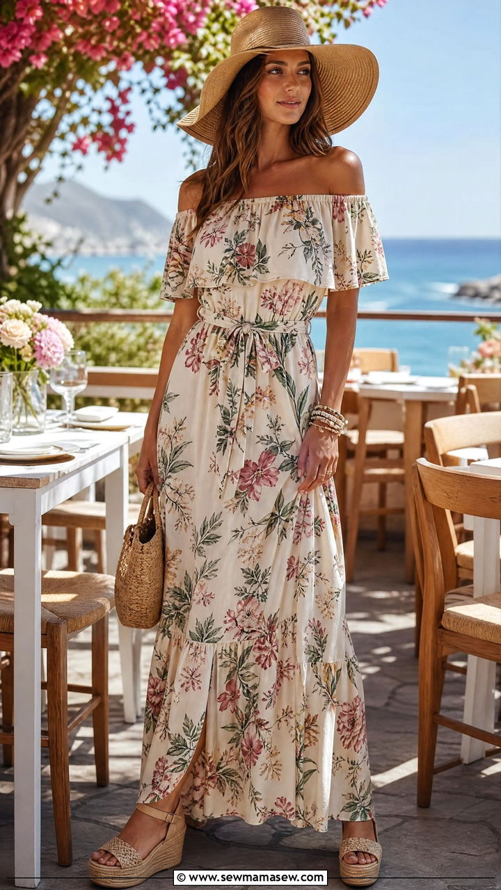 Off the Shoulder Maxi Dress with Wedge Sandals - 25 Brunch outfit ideas with sandals