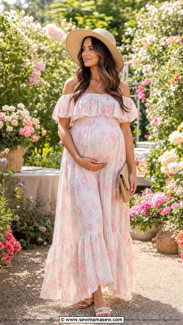 Off the Shoulder Maxi Dress with Wide Brim Hat - 25 spring outfits for pregnant women