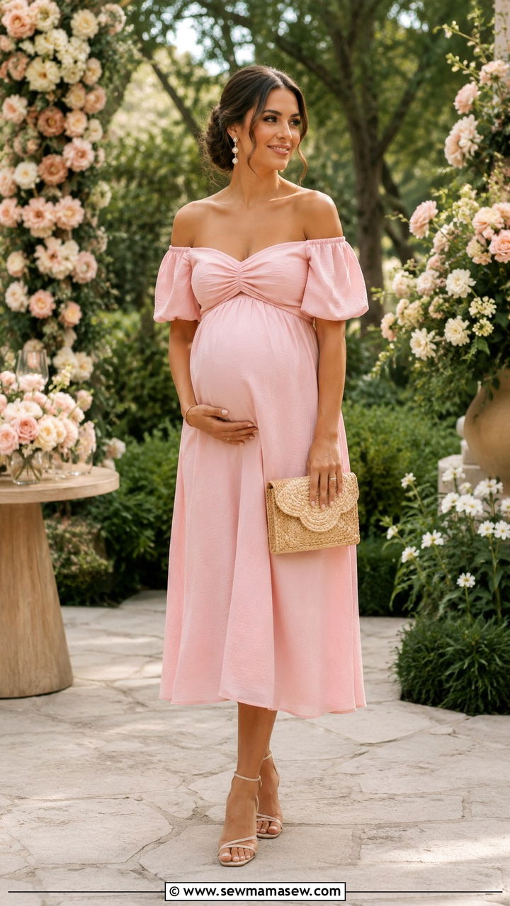 Off the Shoulder Midi Dress Baby Shower - 30 chic baby shower outfits for women