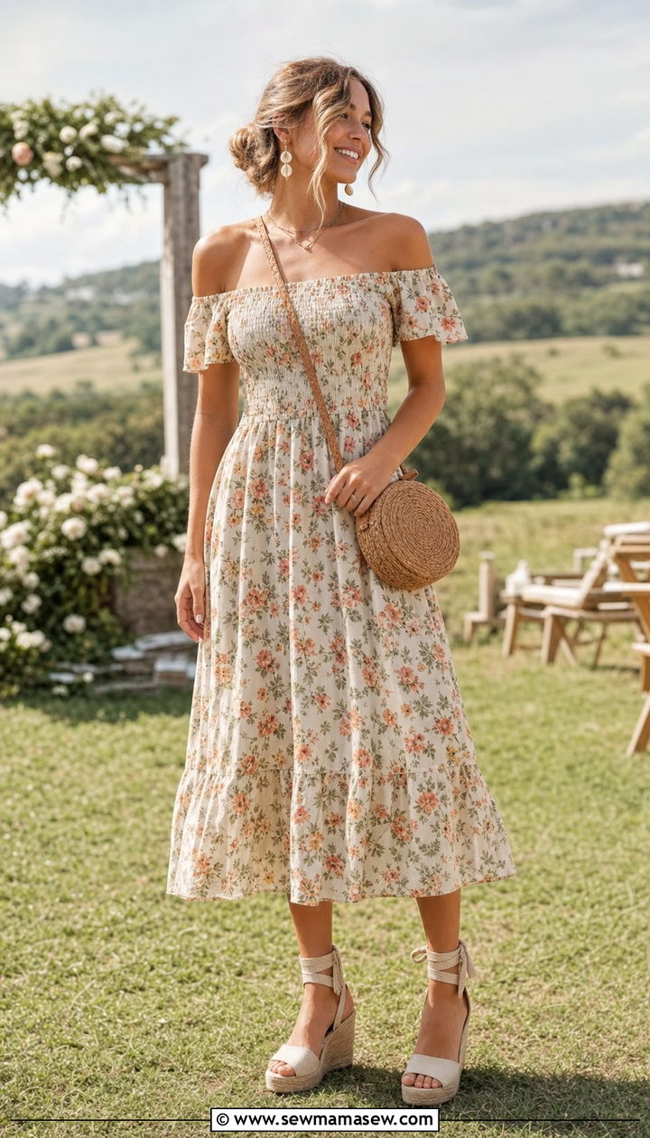 Off the Shoulder Midi Dress With Espadrille Wedges - 35 Boho outfit ideas for wedding guest