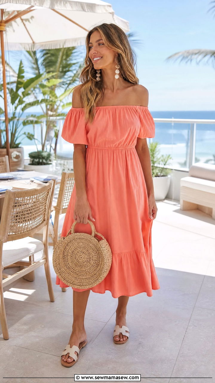 Off the Shoulder Midi Dress and Woven Bag Miami Brunch Outfit - 35 Miami brunch outfit ideas