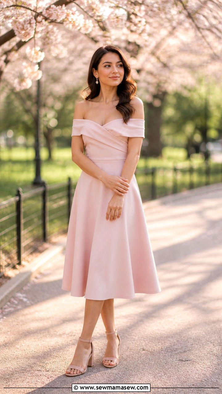 Off the Shoulder Midi Dress with Block Heels - 40 Spring graduation outfits