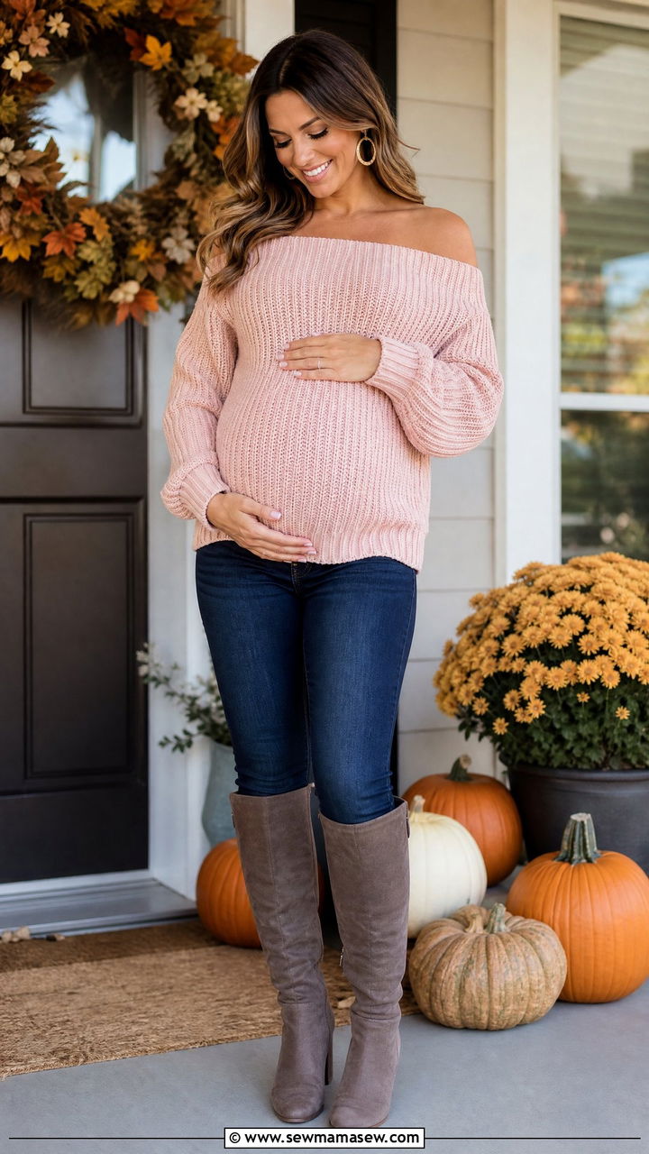 Off the Shoulder Sweater Gender Reveal - 30 Gender reveal photo outfit ideas