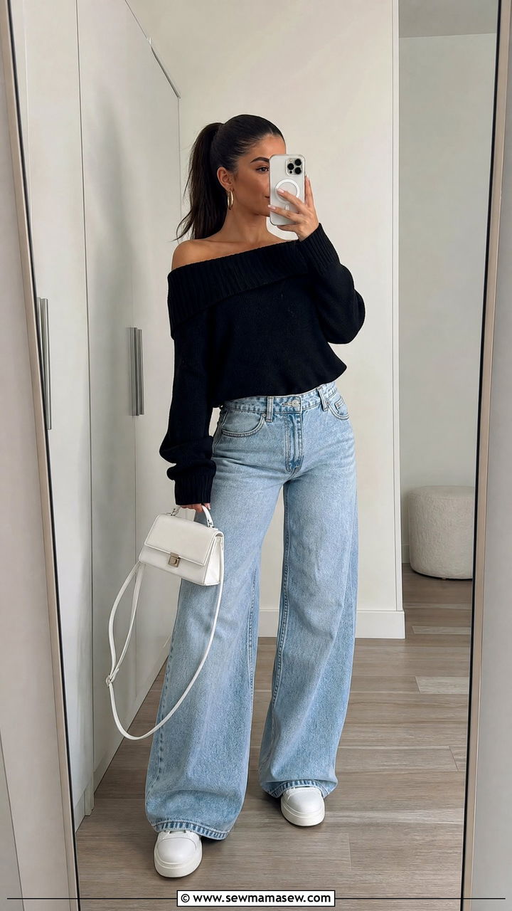 Off the Shoulder Top and Baggy Jeans Streetwear Look - 30 summer streetwear outfit ideas