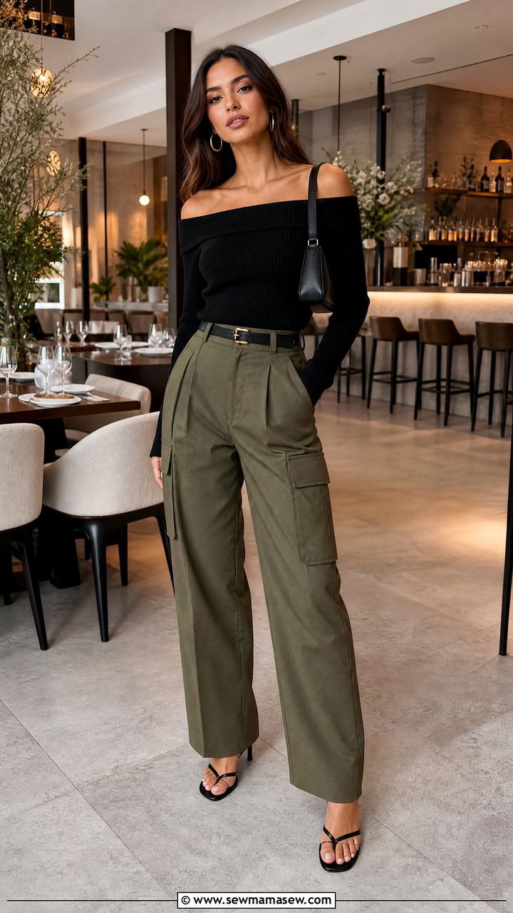 Off the Shoulder Top and Cargo Pants with Heels - 25 classy edgy outfit ideas