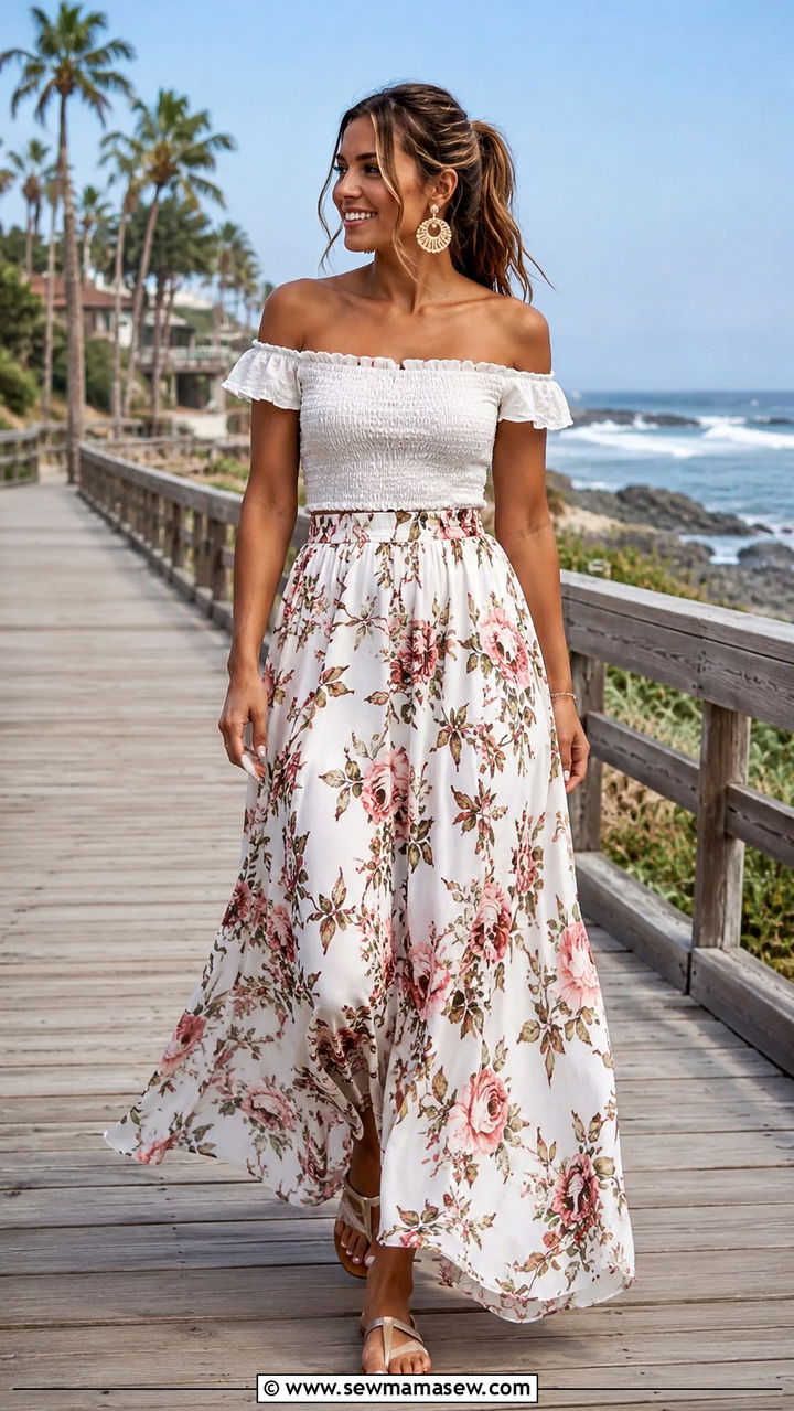 Off the Shoulder Top and Flared Maxi Skirt - 30 Outfit ideas for broad shoulders