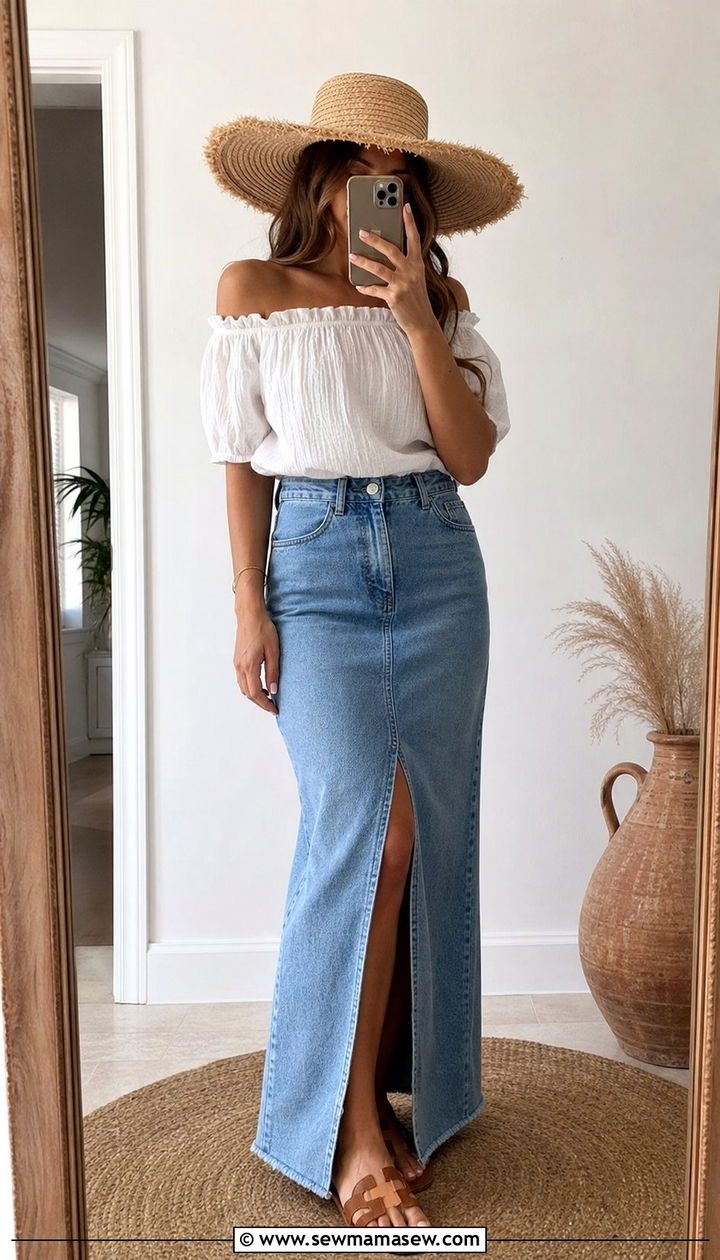 Off the Shoulder Top and High Waist Denim Maxi Skirt - 25 summer outfits for long torso women