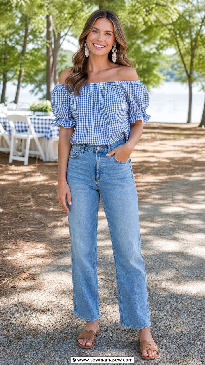 Off the Shoulder Top and Jeans - 30 Family reunion outfit ideas summer