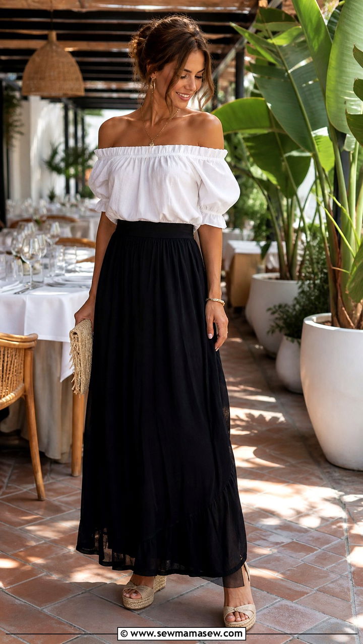 Off the Shoulder Top with Maxi Skirt - 40 classy dinner outfit ideas