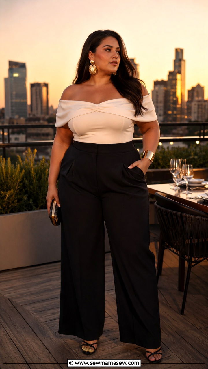 Off the Shoulder Top with Palazzo Pants - 25 Plus size outfit ideas for 14-16