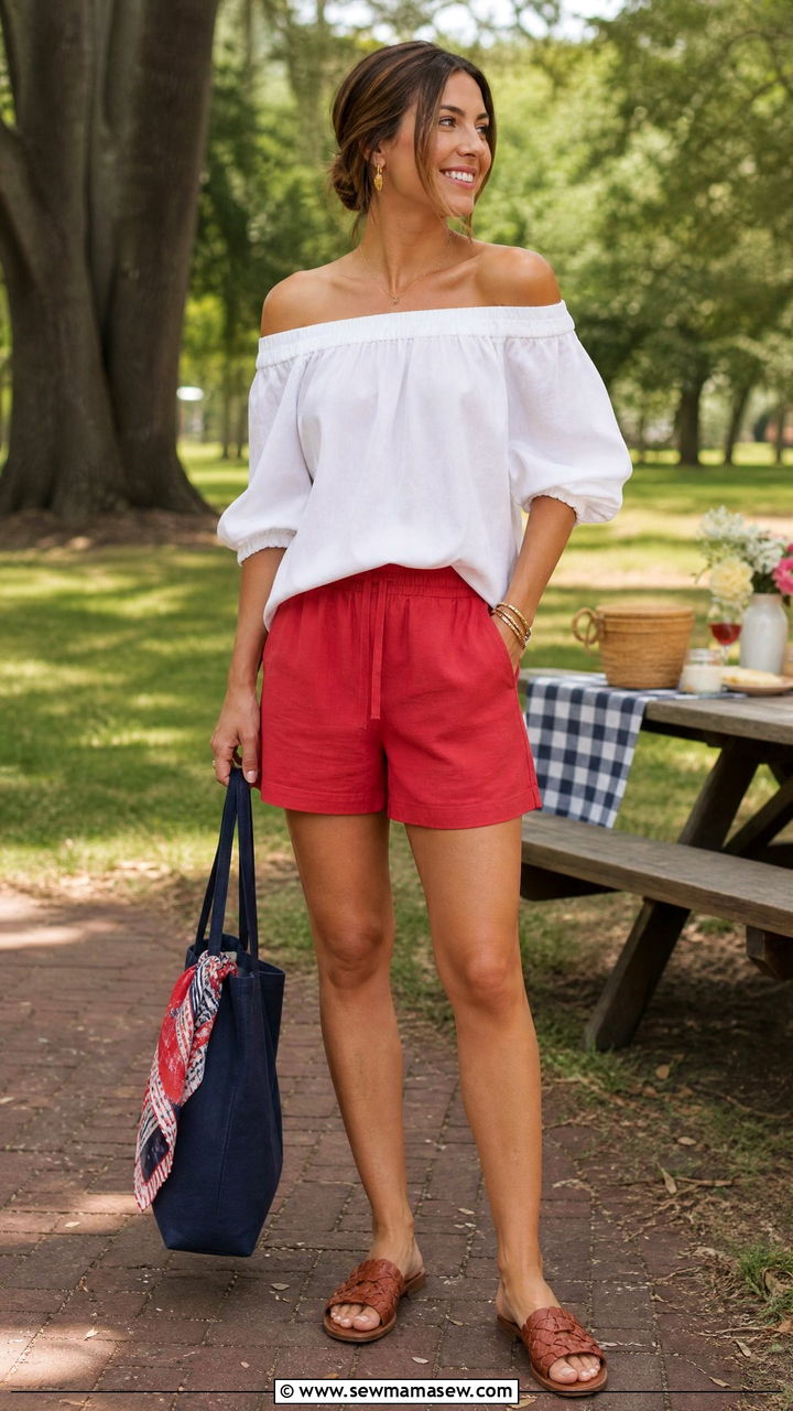 Off the Shoulder White Top with Red Linen Shorts and Woven Mules - 35 Memorial Day weekend outfit ideas