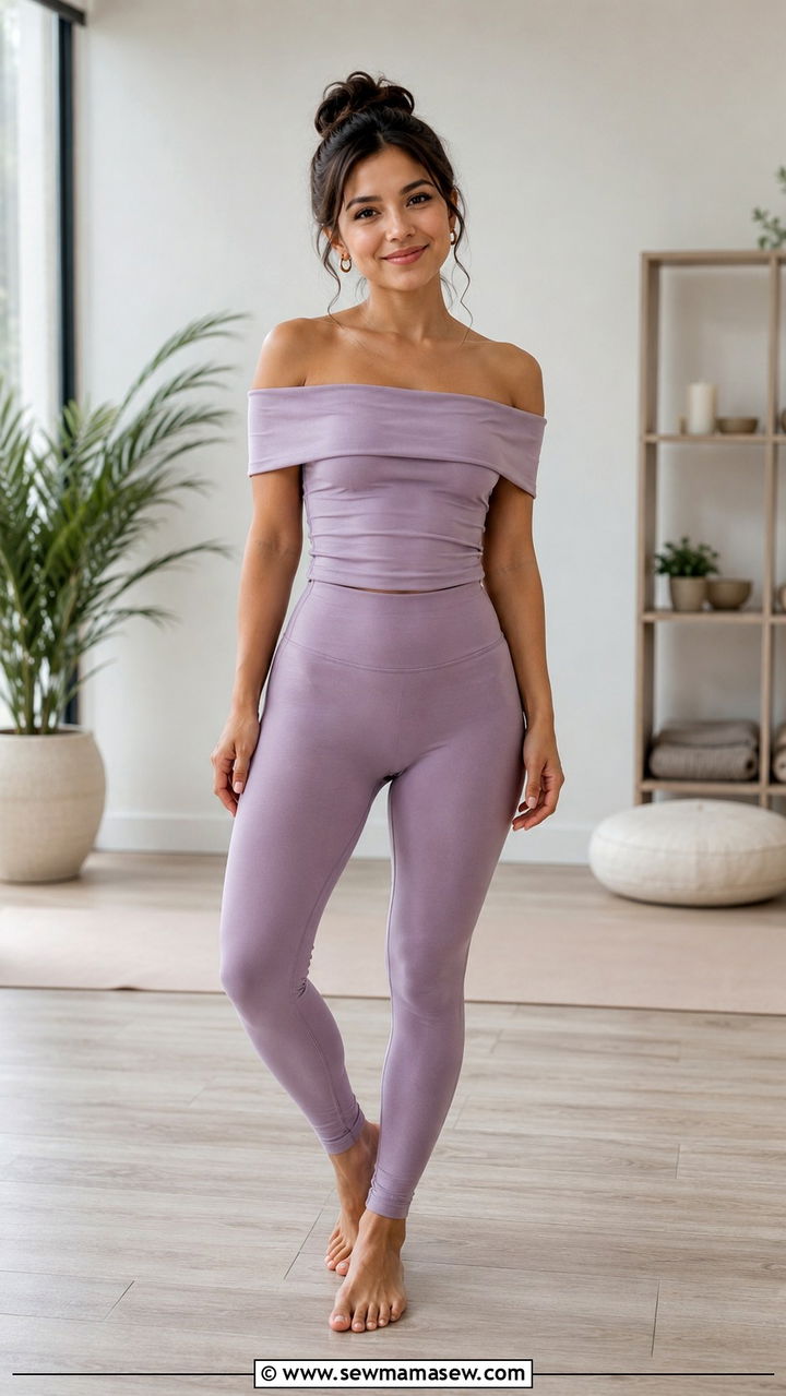 Off the Shoulder Yoga Top and High Waisted Leggings Petite Yoga Outfit - 25 Yoga outfit ideas petite