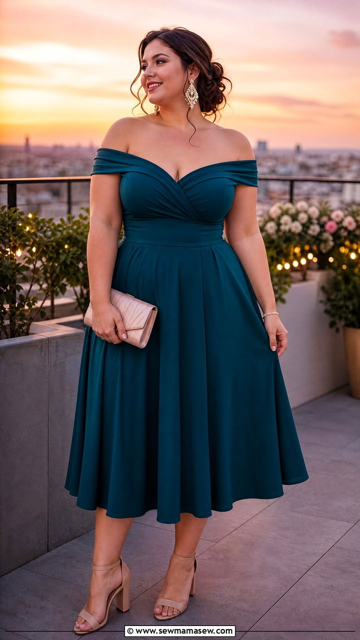Off the shoulder A line midi dress with block heels - 25 Flattering outfits for big arms