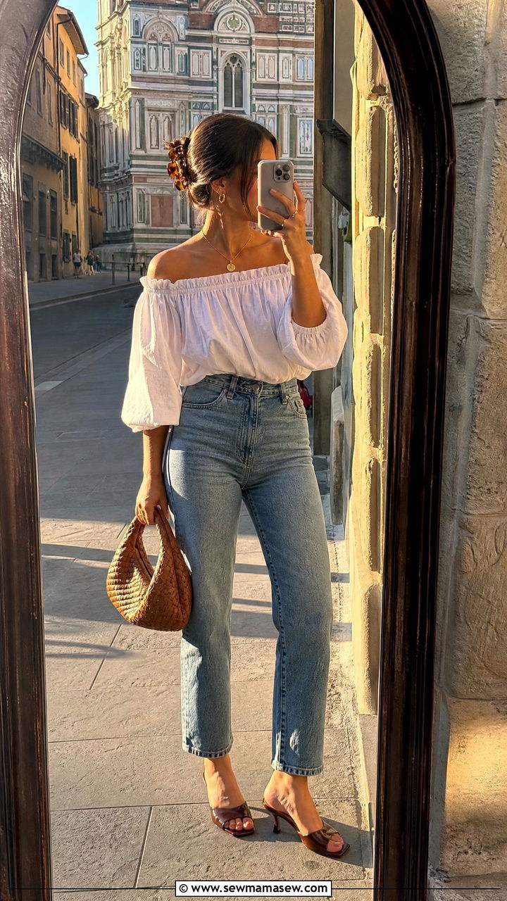 Off the shoulder blouse with high rise straight leg jeans - 25 Petite outfit ideas for Europe