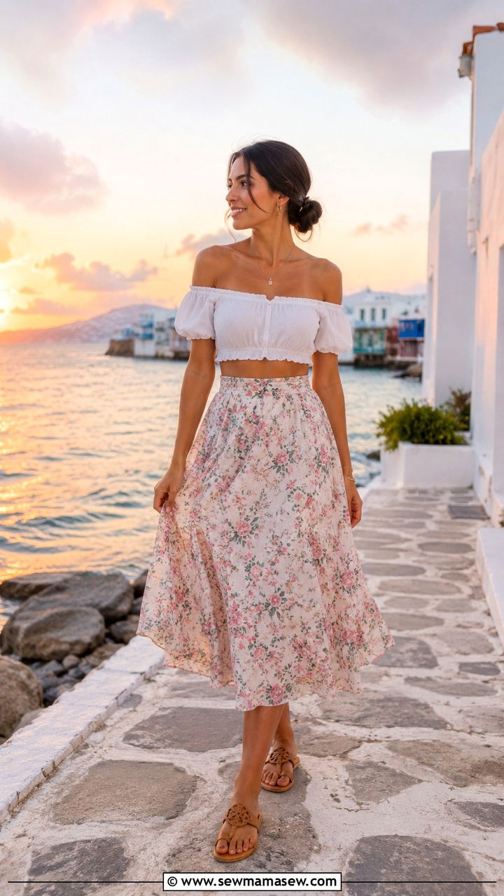 Off the shoulder crop top with midi skirt outfit - 30 Midi skirt outfit ideas with a crop top