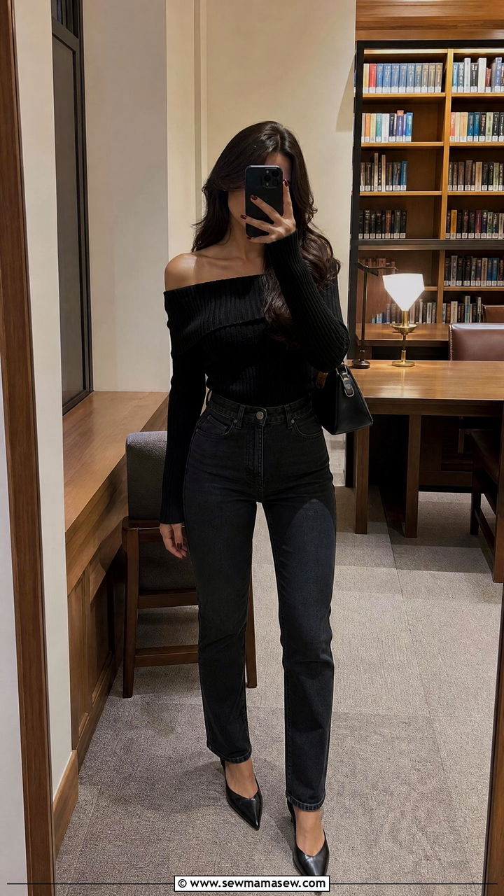 Off the shoulder knit with high waisted dark jeans and pointed toe mules - 30 College library outfit ideas