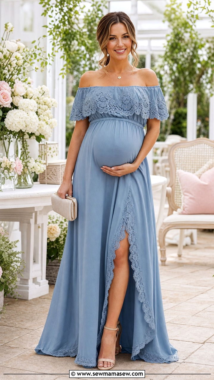 Off the shoulder lace maxi dress maternity - 25 Spring outfit ideas for pregnant women