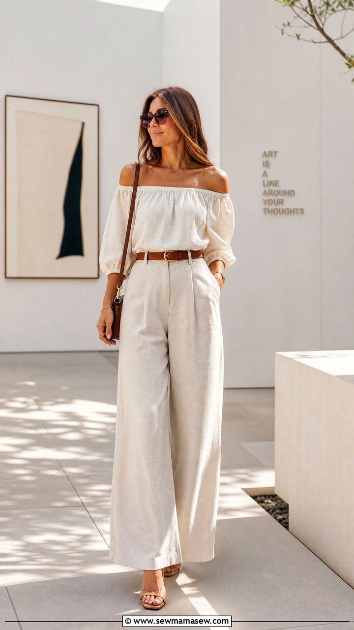 Off the shoulder linen top with high waisted wide leg trousers outfit - 20 Spring outfits for 80 degree weather