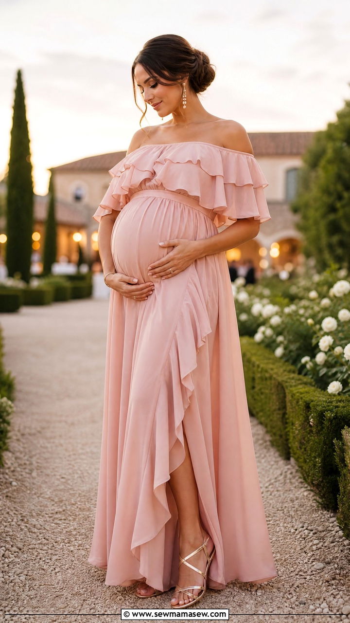 Off the shoulder maternity gown for wedding - 30 Maternity outfit ideas for wedding guest