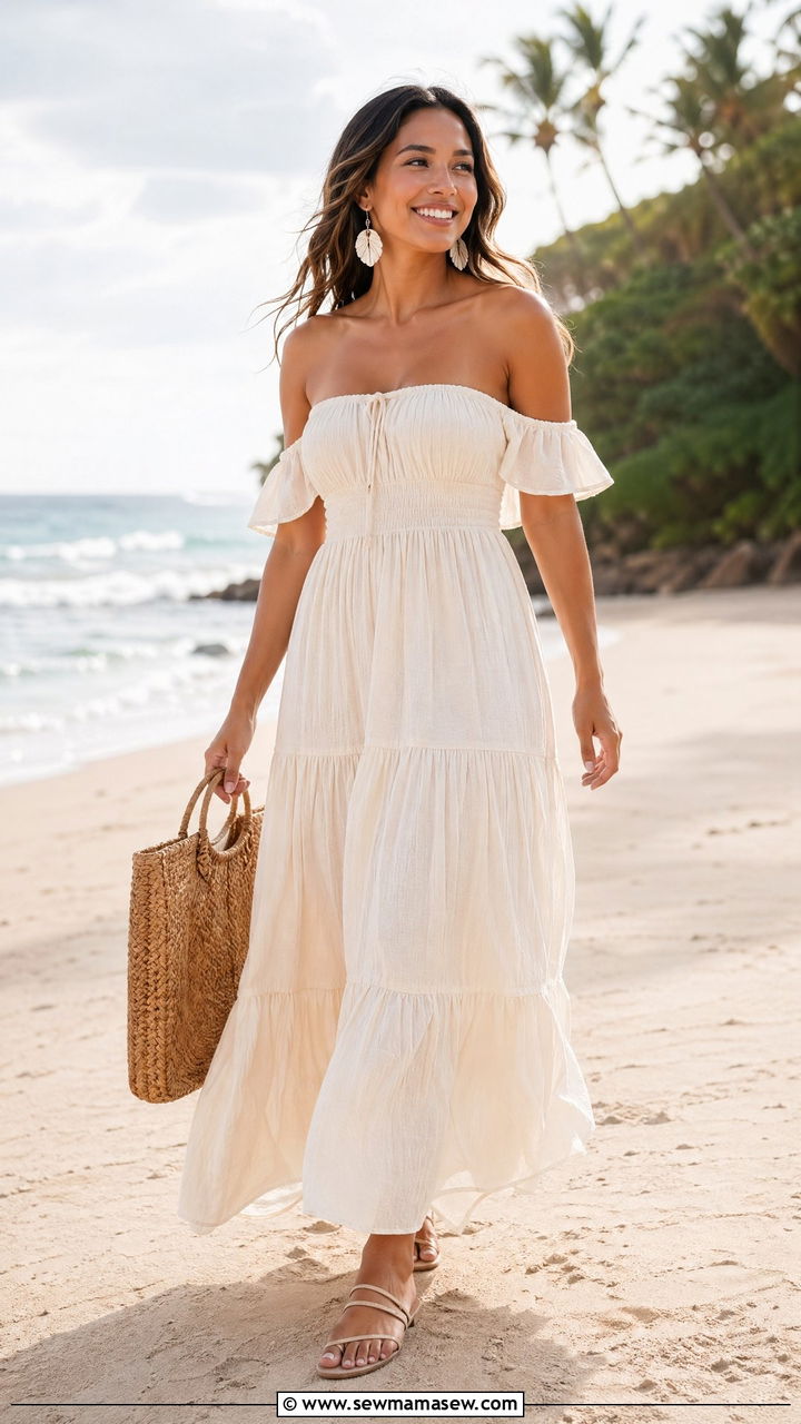 Off the shoulder maxi dress for beach family reunion - 35 Family reunion outfit ideas