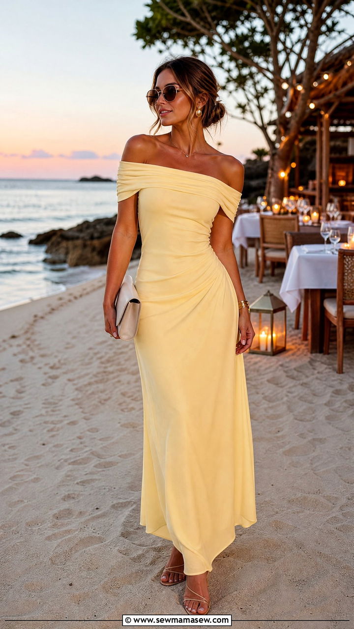 Off the shoulder maxi dress with gradient lens sunglasses - 30 Summer outfits with sunglasses