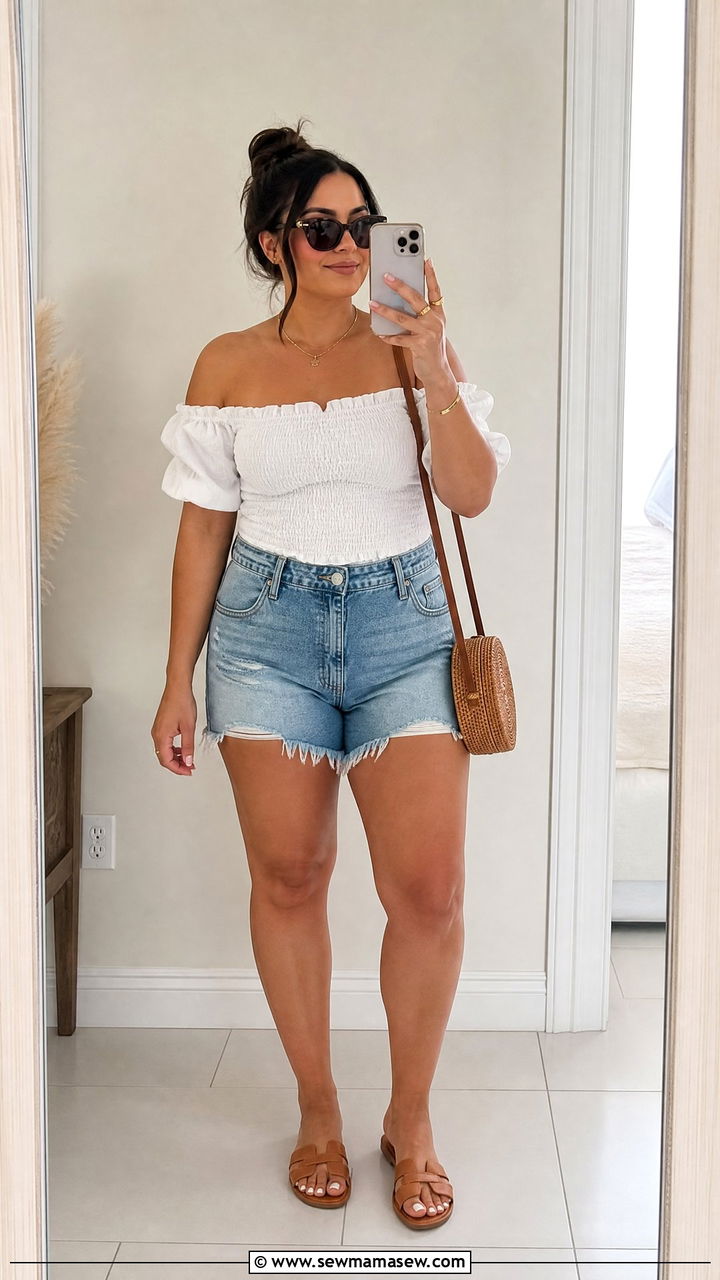 Off the shoulder peasant blouse and frayed denim shorts - 30 Summer outfits for midsize women