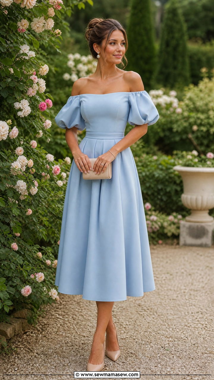 Off the shoulder puff sleeve midi dress in soft blue - 30 Cocktail wedding guest outfit ideas