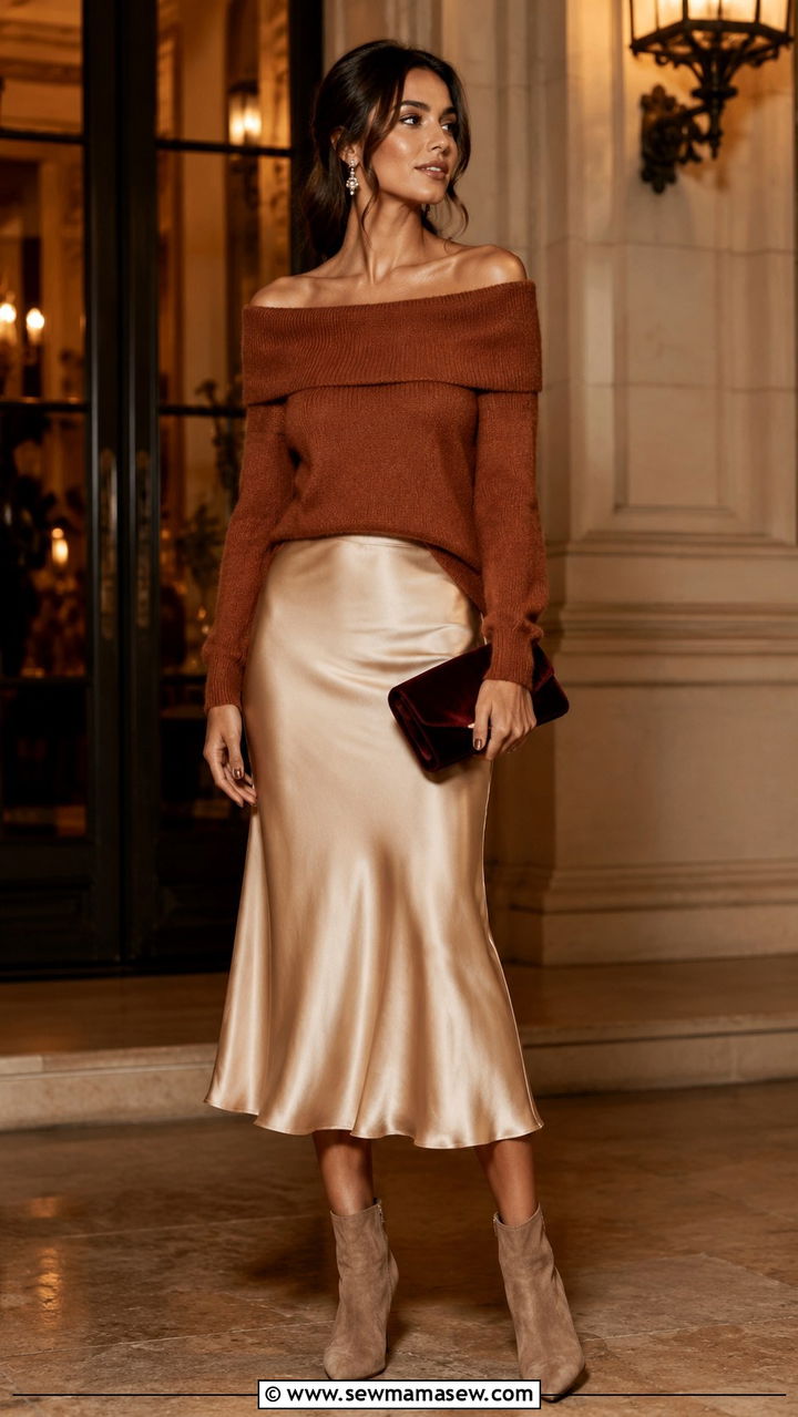 Off the shoulder sweater with midi satin skirt and pointed boots - 25 2026 outfits