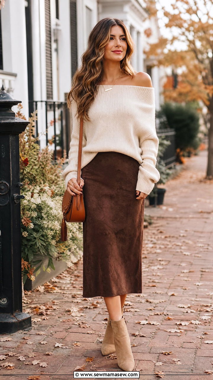 Off the shoulder sweater with midi skirt - 25 How to style a midi skirt over 40