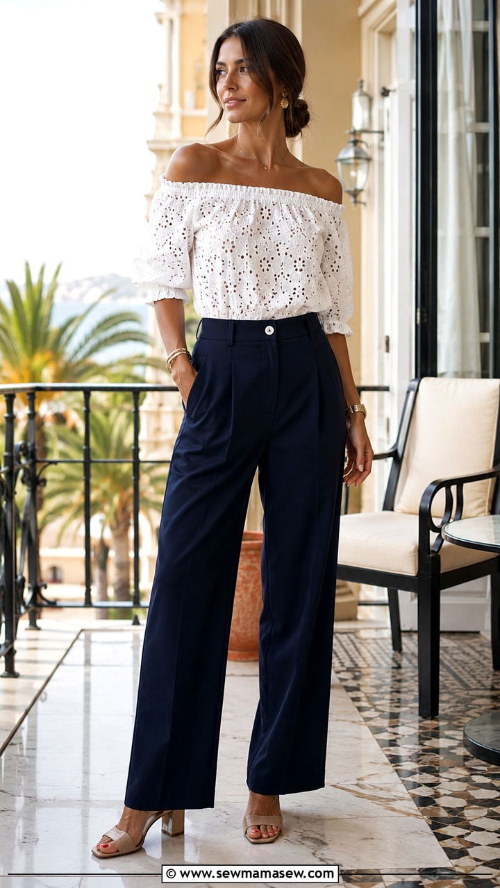 Off the shoulder top and trousers outfit - 30 Save the date photo outfit ideas