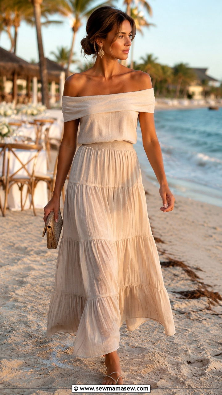 Off the shoulder top with maxi skirt outfit - 25 Outfit ideas for inverted triangle shape