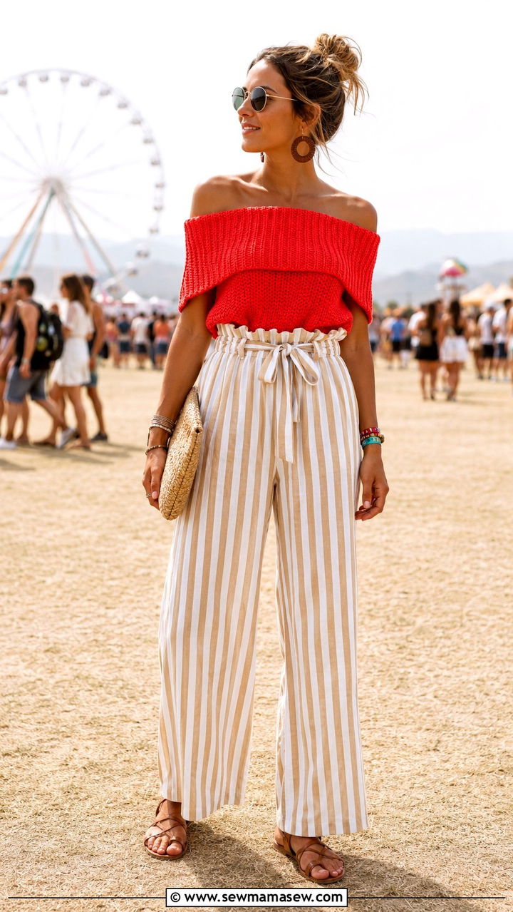 Off the shoulder top with paperbag waist pants - 25 Rock The Bells outfit ideas