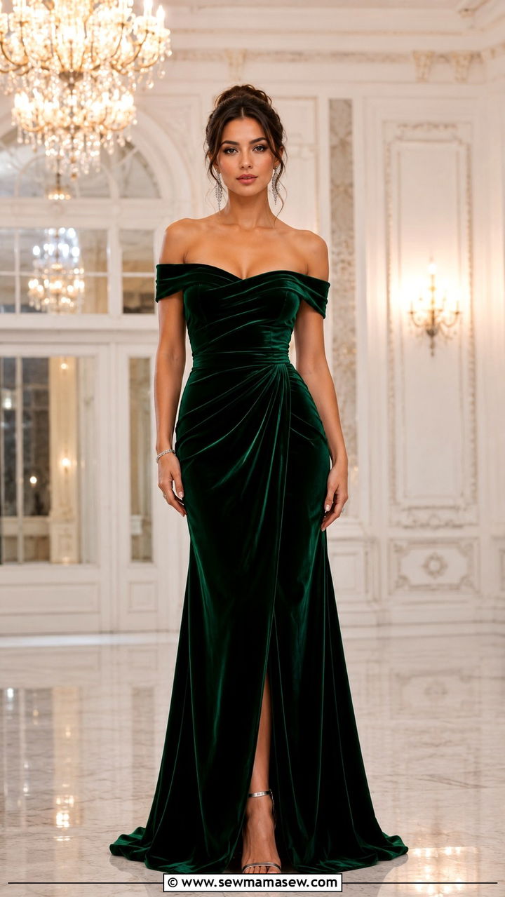 Off the shoulder velvet gown with crystal drop earrings - 25 Opera aesthetic outfit ideas 2026