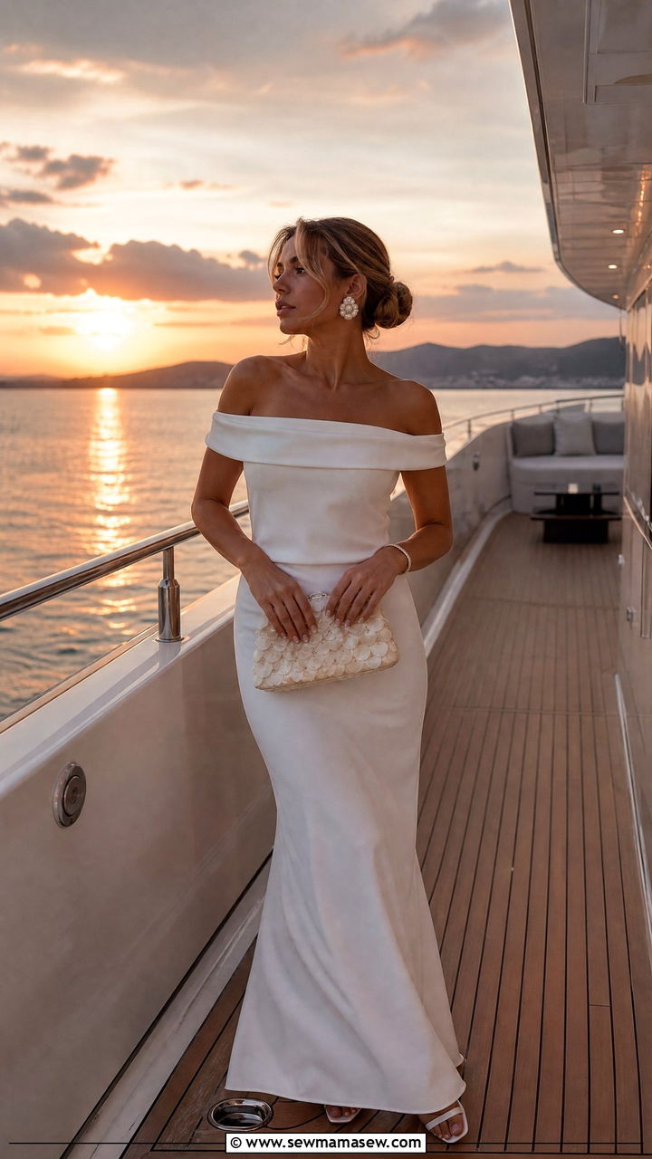 Off the shoulder white maxi dress with shell clutch - 30 Summer boat day outfit ideas
