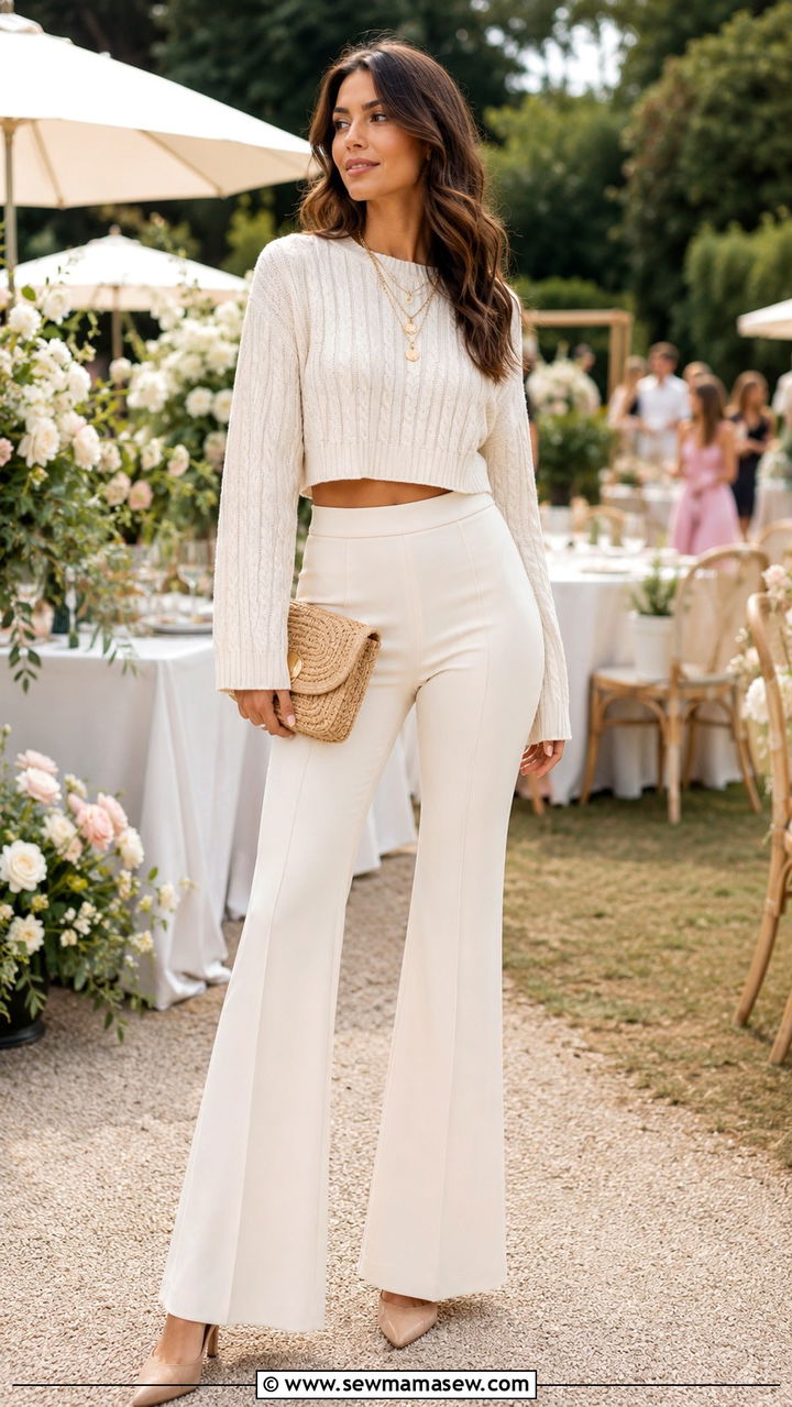 Off white cable knit sweater and flare pants - 30 Sweater and pants matching set outfit ideas
