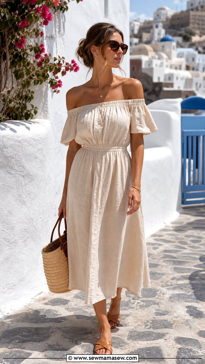 OffShoulder Cream Linen Dress With Flat Sandals - 25 European summer outfits aesthetic