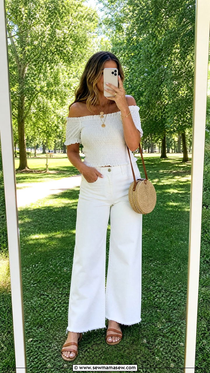 OffShoulder Top and White Jeans Park Outfit - 30 Summer park outfits