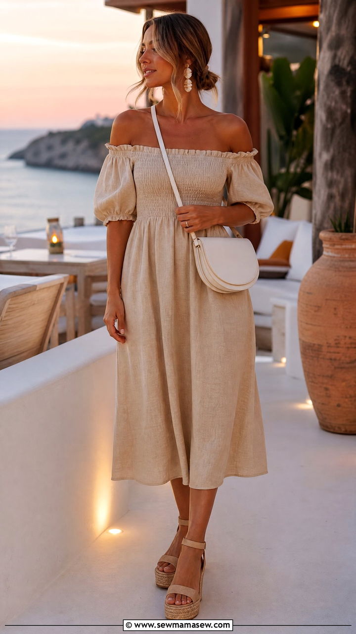 OffTheShoulder Linen Midi Dress With Wedges - 30 summer linen dress outfit ideas