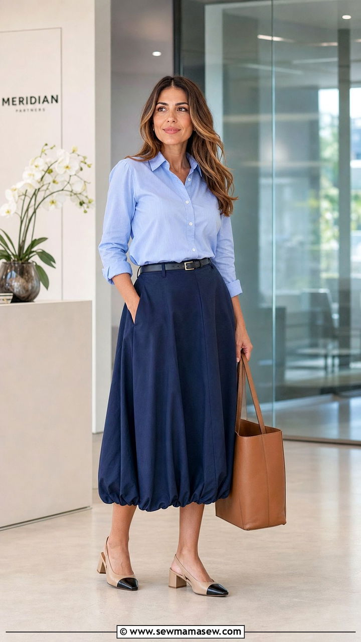 Office Bubble Skirt With Button Down and Slingback Heels - 25 spring bubble skirt outfit ideas