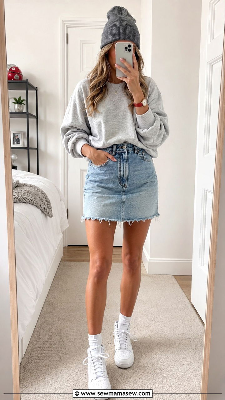 Ohio State crewneck outfit with denim skirt - 20 Gameday outfit ideas Ohio State