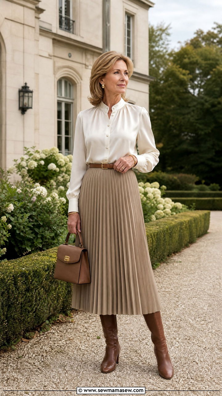 Old Money Ivory Blouse and Pleated Skirt - 25 Fashion over 50 outfit ideas