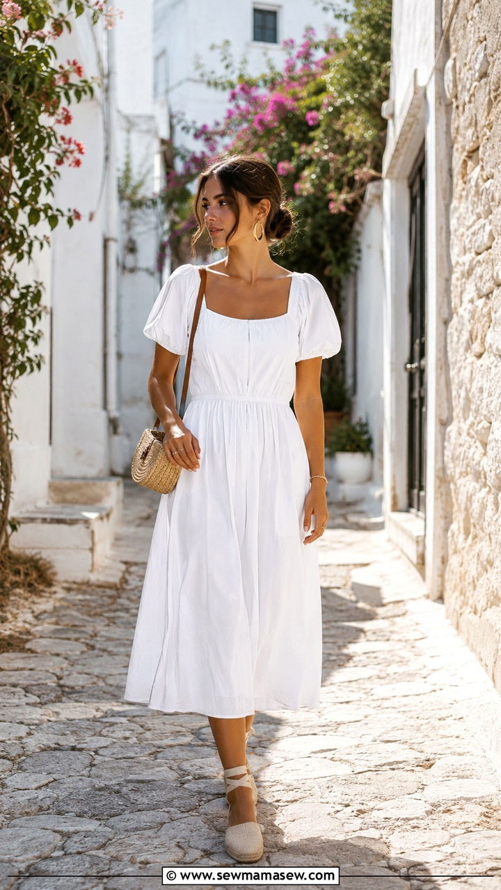 Old money Mediterranean travel outfit with white midi dress - 30 Old money travel outfit ideas
