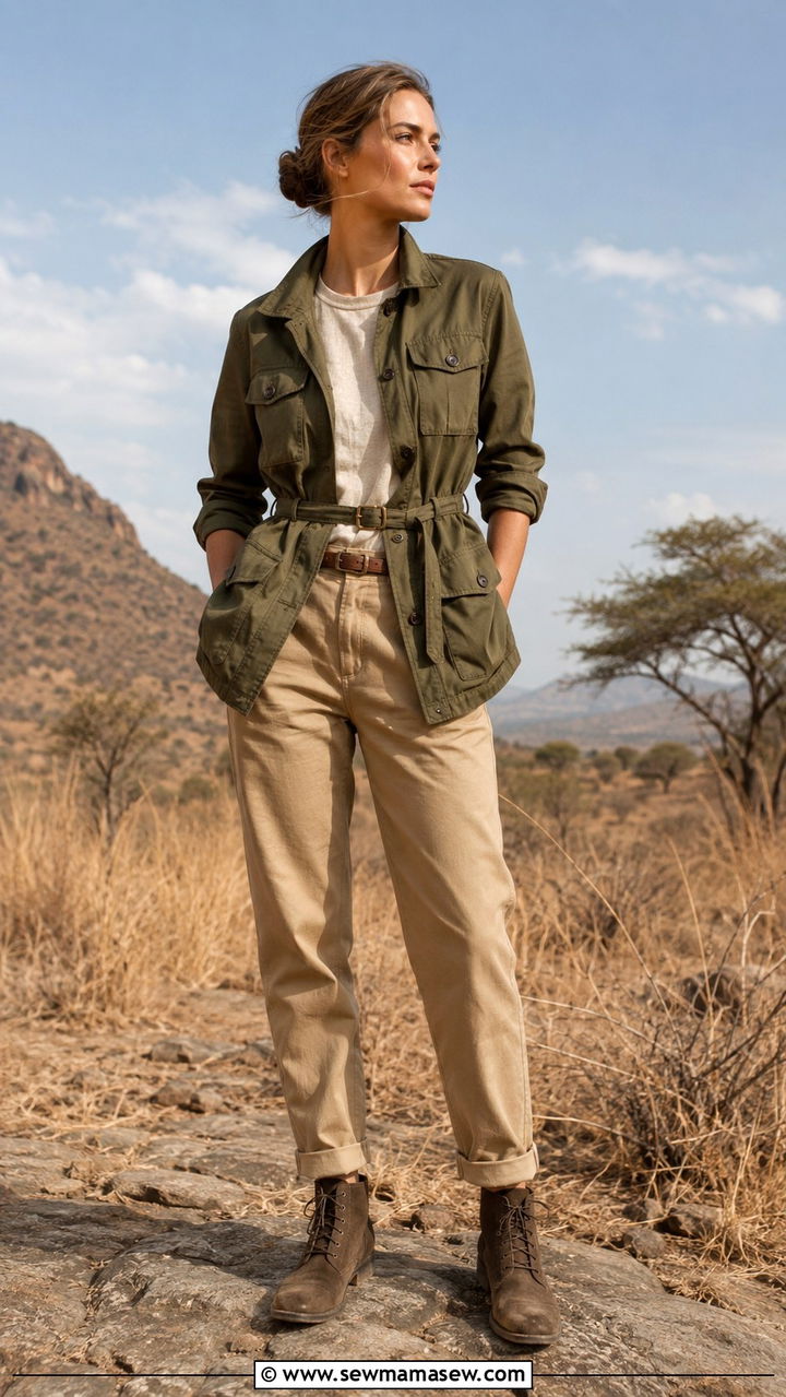 Old money adventure travel outfit with safari jacket - 30 Old money travel outfit ideas