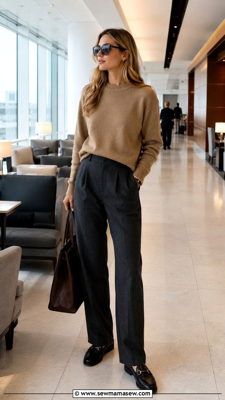 Old money airport outfit with cashmere sweater and loafers - 30 Old money travel outfit ideas