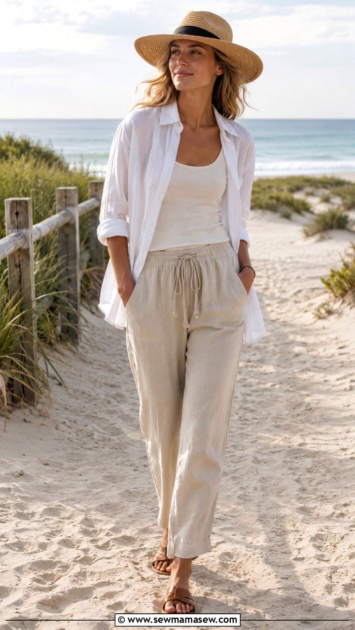 Old money beach vacation outfit with straw hat and linen pants - 30 Old money travel outfit ideas